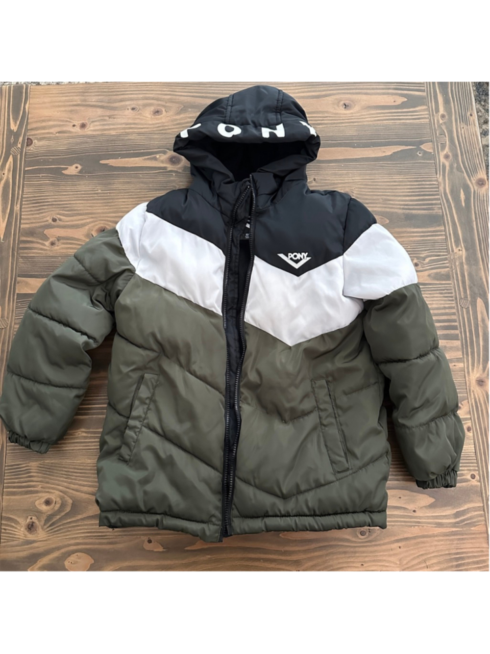 Boys PONY Colorblock Puffer Jacket 10/12 Green Black White Hooded No Zipper Pull
